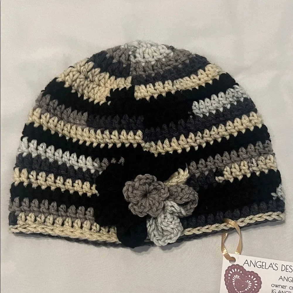 NWT Angelas Designs hand crocheted one of a kind grey black tan hat with flower